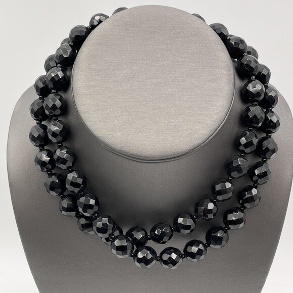 Vintage Faceted Jet Black Glass Bead Necklace 29" Art Deco Jewelry - Picture 1 of 7